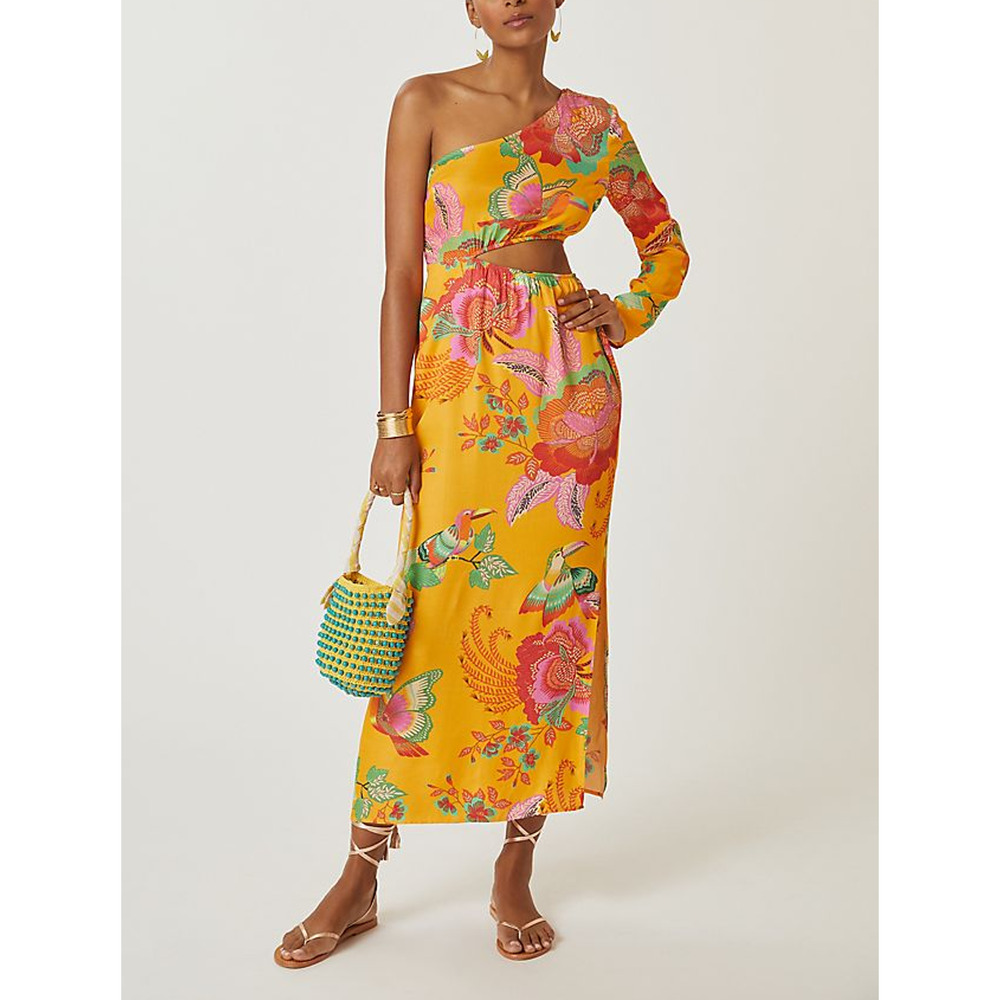 Anthropologie Farm x Orange Single-Shoulder Printed Maxi Dress Size XS PETITE